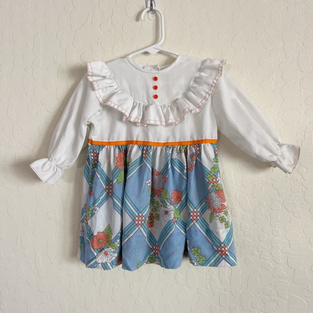 Vintage 70s Handmade Girls Long Sleeve Ruffle Collar Dress 3T Groovy Floral Blue